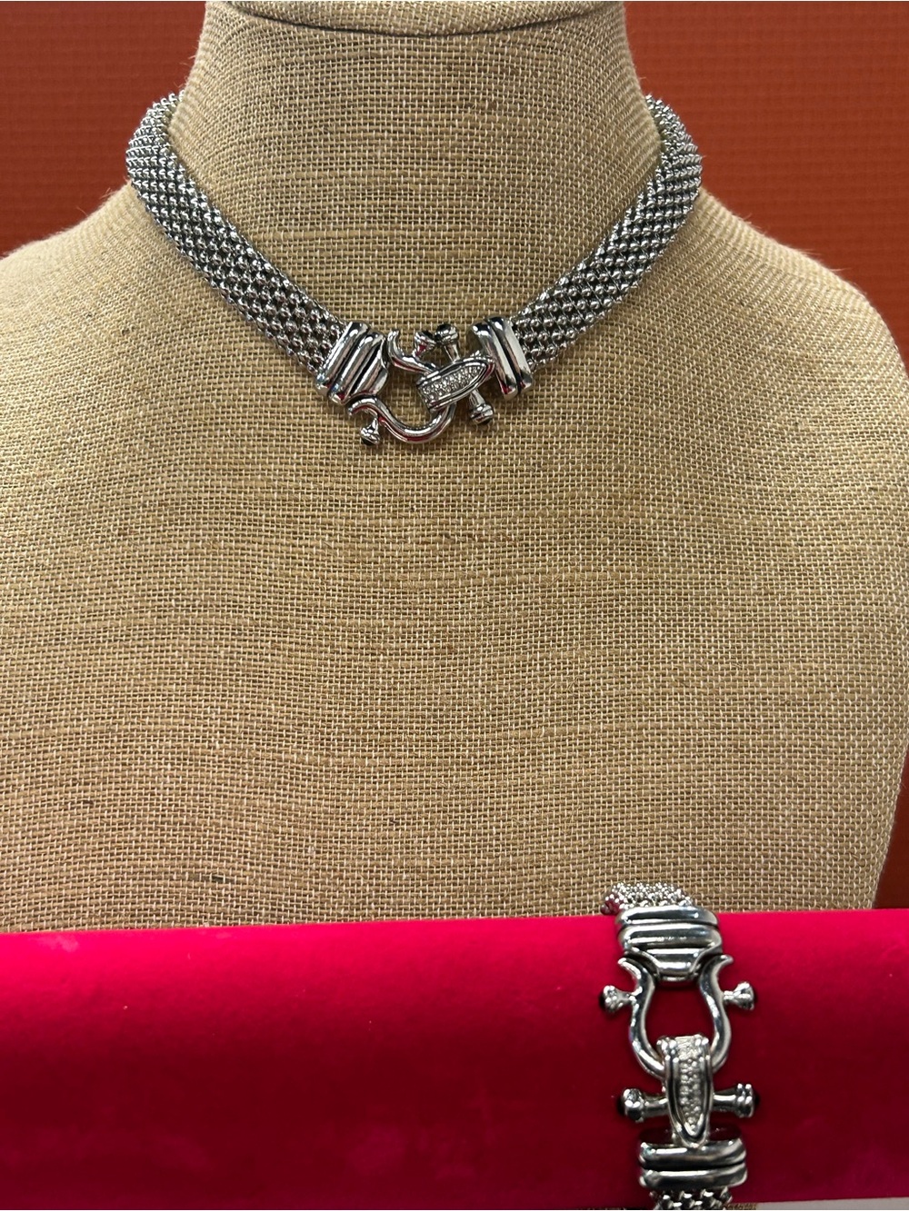 DSMK stainless steel silky mesh with rhinestone magnetic clasp necklace and brac
